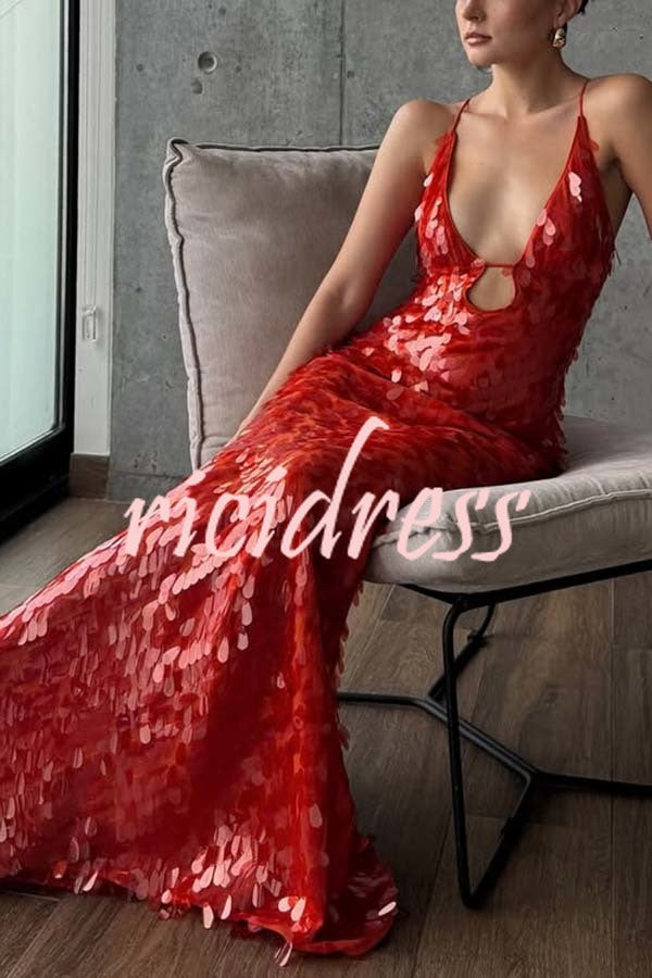 Reshape Beauty Fish Scale Sequin Cutout U-neck Slip Maxi Dress