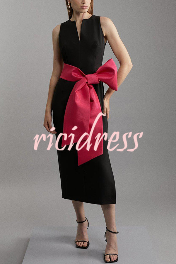 Clean Tailored Taffeta Contrast Oversized Bow Tie Waist Midi Dress