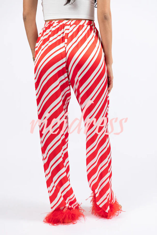 Christmas Party Striped Print Pocket Feather Elastic Waist Pajama Set