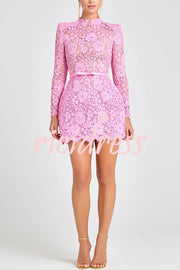Champagne Toast Flower Lace Long Sleeve Bow Belted Mini Dress