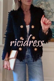 Solid Color Metal Button Long Sleeve Elegant Tassel Top