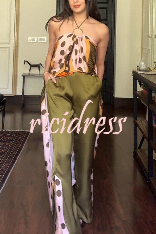 Junea Satin Polka Dot Unique Print Ring Halter Slit Midi Top and Elastic Waist Pocket Pants Set