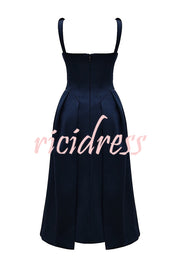 Midnight Charm Satin Twist Shoulder Straps Pocket Pleated Midi Dress