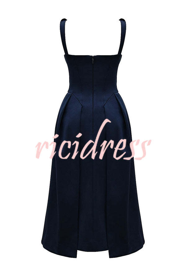 Midnight Charm Satin Twist Shoulder Straps Pocket Pleated Midi Dress