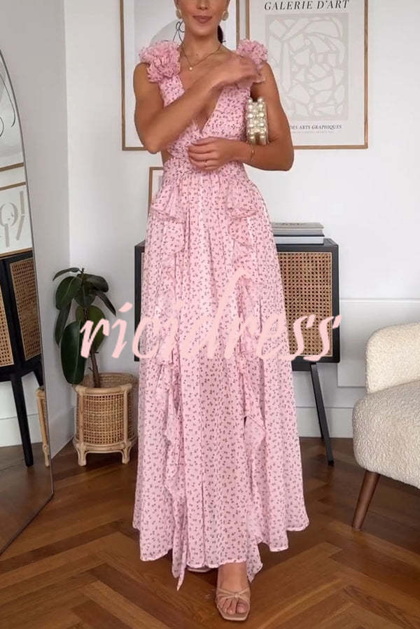 Wedding Dreams Chiffon Printed Flutter Sleeve Cutout Back Lace-up Maxi Dress