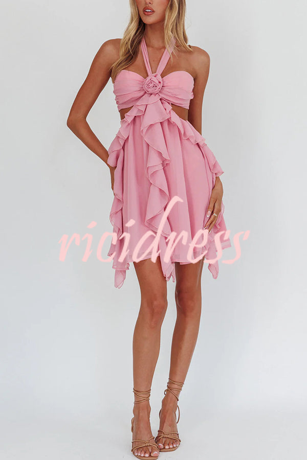 Romantic Midnight Rose Detail Cutout Ruffles Halter Mini Dress