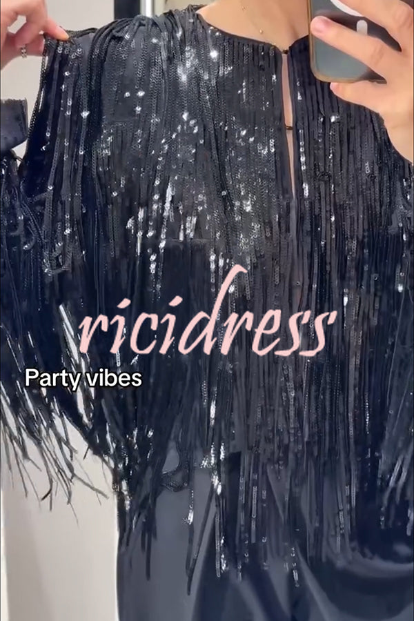 Party Crasher Layered Sequined Tassels Long Sleeve Loose Jacket