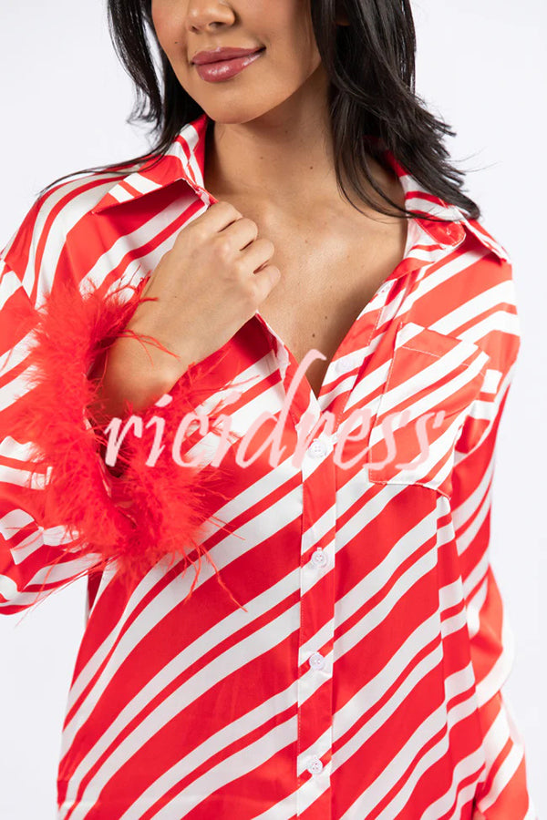 Christmas Party Striped Print Pocket Feather Elastic Waist Pajama Set