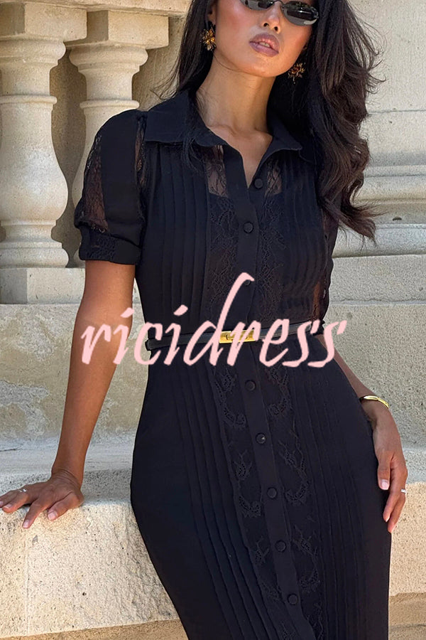 Lysette Lace Trim Pleated Button Up Short Sleeve Shirt Midi Dress