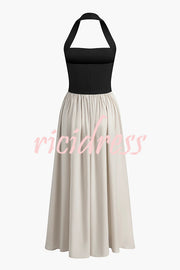 Fashion Contrast Color Stitching Sleeveless Backless Slim Maxi Dress