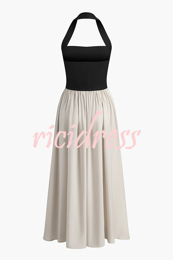 Fashion Contrast Color Stitching Sleeveless Backless Slim Maxi Dress