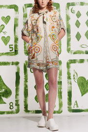 Antibes Unique Printed Loose Button-down Shirt and Pocket Elastic Waist Shorts Set
