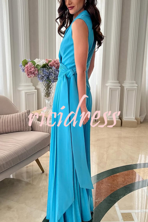 Solid Color Lapel Sleeveless Waist Tie Pleated Wide-leg Jumpsuit