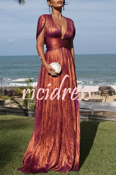 Dreamy Destiny Metallic Fabric Cape Sleeve Back Tie-up Maxi Dress