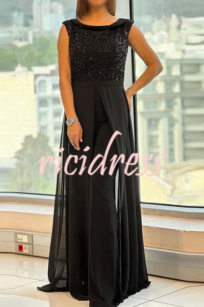 Officially Shining Crew-neck Sequin Textured-panel Tulle Cape Jumpsuit