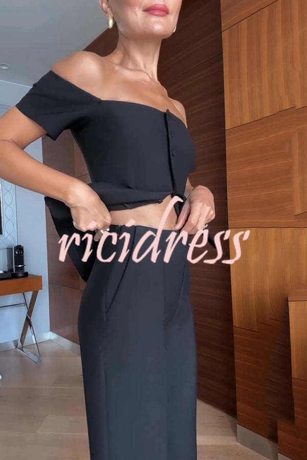 Solid Color Off-the-shoulder Single-breasted Top and Casual Pocket Straight-leg Pants Set