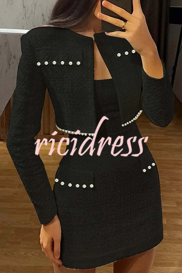 Stylish Sleeveless Tweed Sexy Slim Fit Pearl Embellished Mini Dress