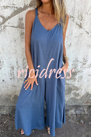 Linen Blend Solid Color Suspenders Loose Pockets Casual Wide-leg Jumpsuit