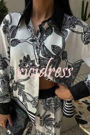 Sofia Contrast Color Flowers Print Long Sleeve Shirt and Elastic Waist Pocketed Pants Set