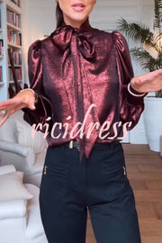 Ariella Metallic Satin Fabric Tie-up Bow Neck Long Sleeve Blouse