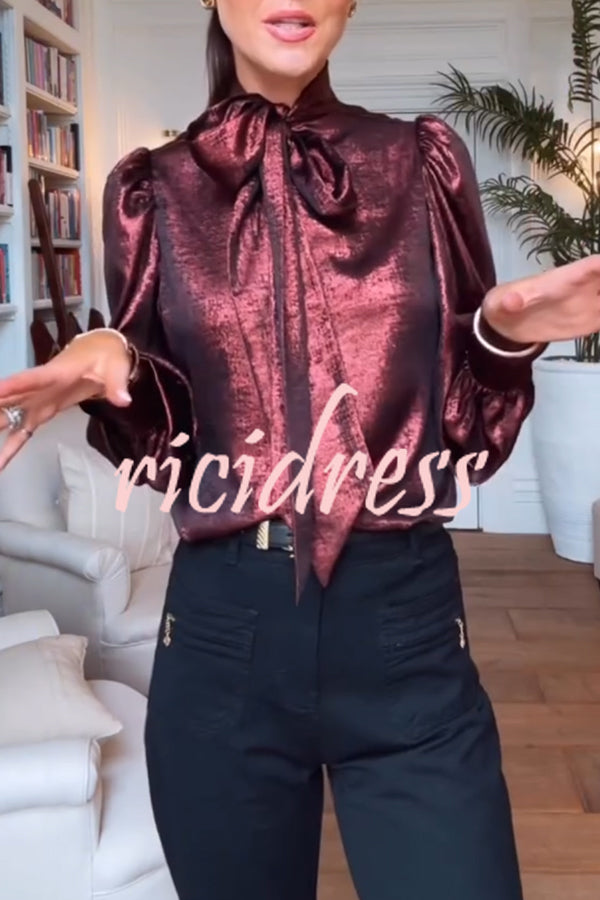 Ariella Metallic Satin Fabric Tie-up Bow Neck Long Sleeve Blouse