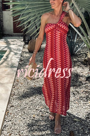 Colorful Zigzag Pattern Lace One-shoulder Slim Vacation Midi Dress