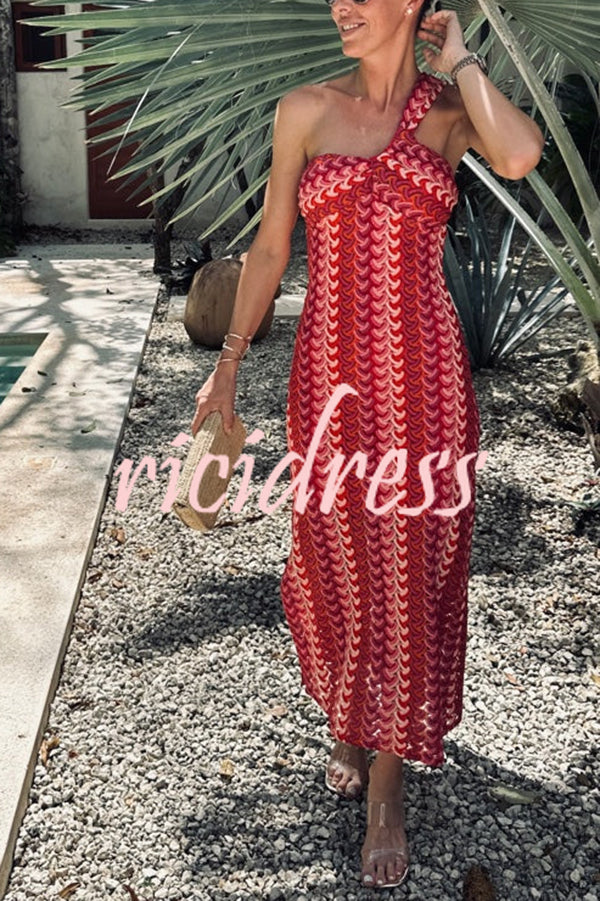 Colorful Zigzag Pattern Lace One-shoulder Slim Vacation Midi Dress