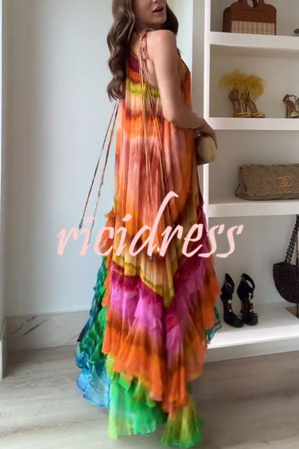 Rosha Georgette Crepe Tie-dye Print Layered Ruffles A-line Maxi Dress