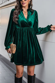 Solid Color Velvet V-Neck Long Sleeve Loose Mini Dress