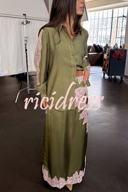 Eye-catching Work Contrast Color Lace Trim Button Up Long Sleeve Loose Blouse