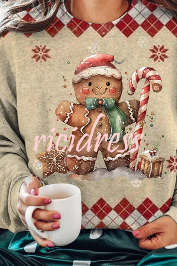 Christmas Print Round Neck Long Sleeve Pullover Sweatshirt