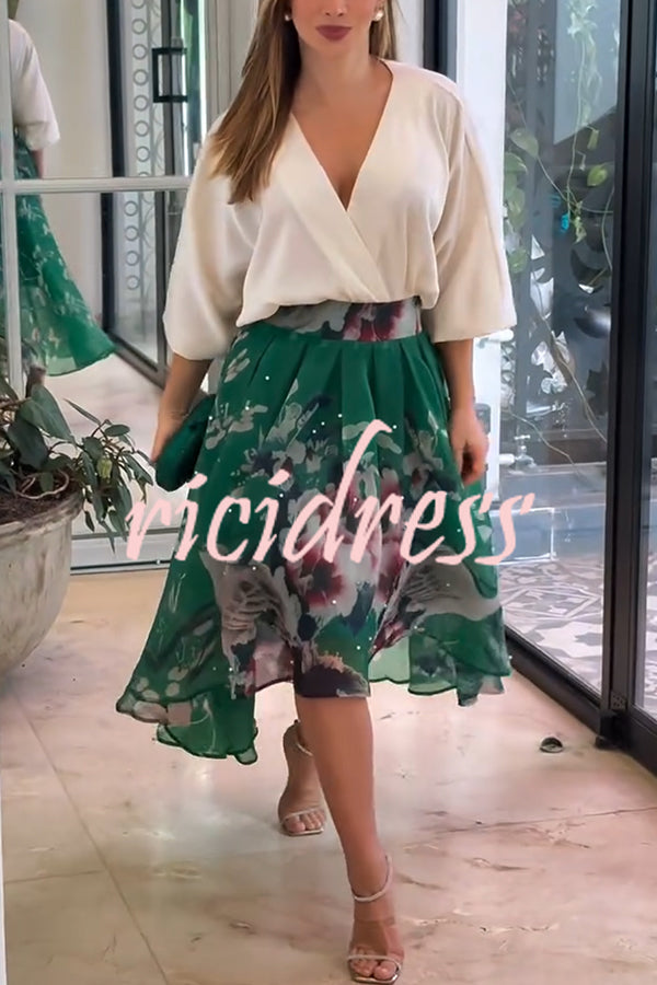 Tessy Batwing Sleeve Top and Floral Elastic Waist Pearls Detail High Low Midi Skirt Set