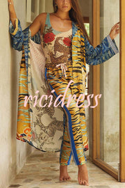 Tropical Jungle Tiger Unique Print  Long Sleeve Belt Pocketed Kimono Coat