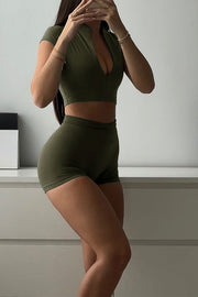 Fashionable Sports Yoga Style V-neck Crop Top and Stretch Slim Shorts Set