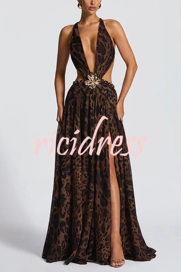 Kinara Leopard Print Deep V-neck Metal Flower Hollow Beads Detail Slit Maxi Dress