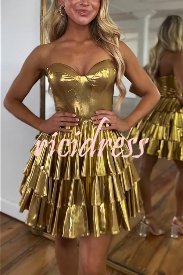 Like A Princess Metallic Fabric Off Shoulder Layered Rusffles Mini Dress