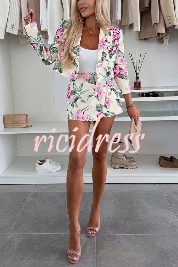 Picture Perfect Botanical Floral Print Long Sleeve Lapel Crop Blazer