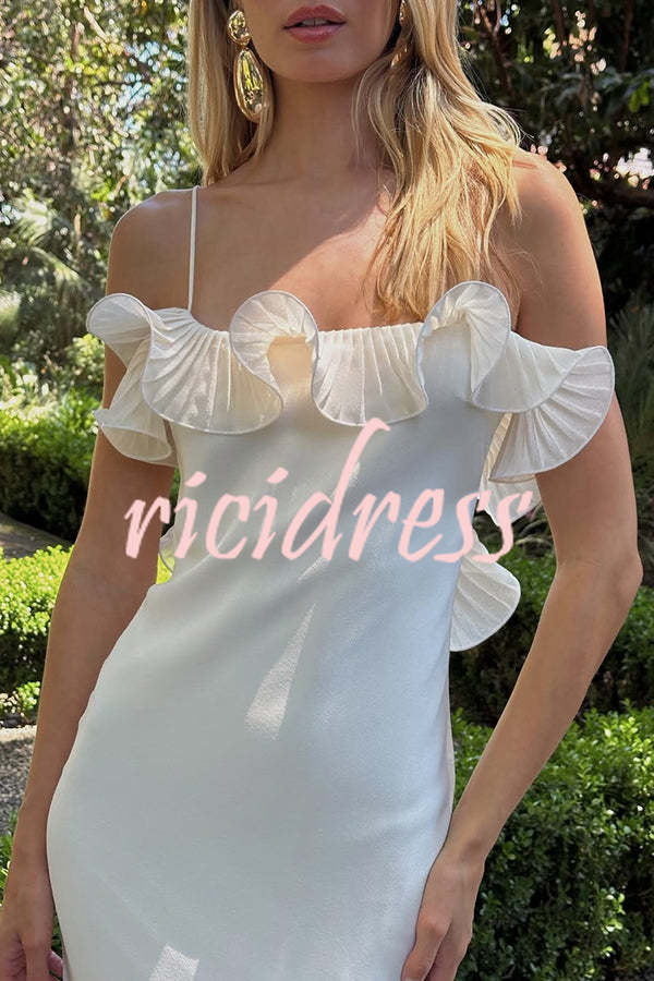 Alisin Pleated Chiffon Wavy Ruffles Trim Slip Maxi Dress