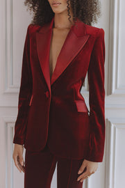 Delicate Daze Velvet Satin Lapel Button Up Long Sleeve Tapered Waist Blazer