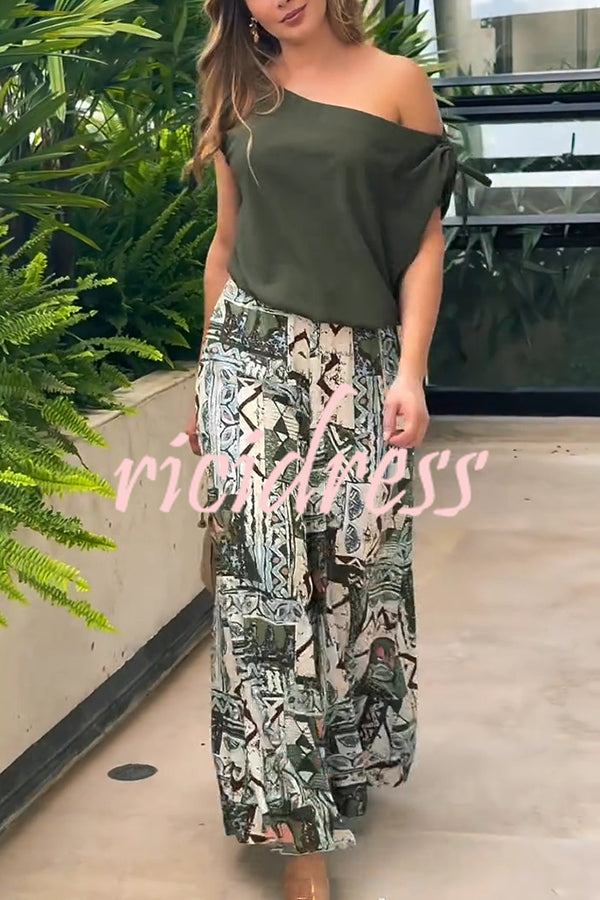 Terrace View Off Shoulder Tie Loose Top and Elastic Waist Unique Print Loose Pants Set