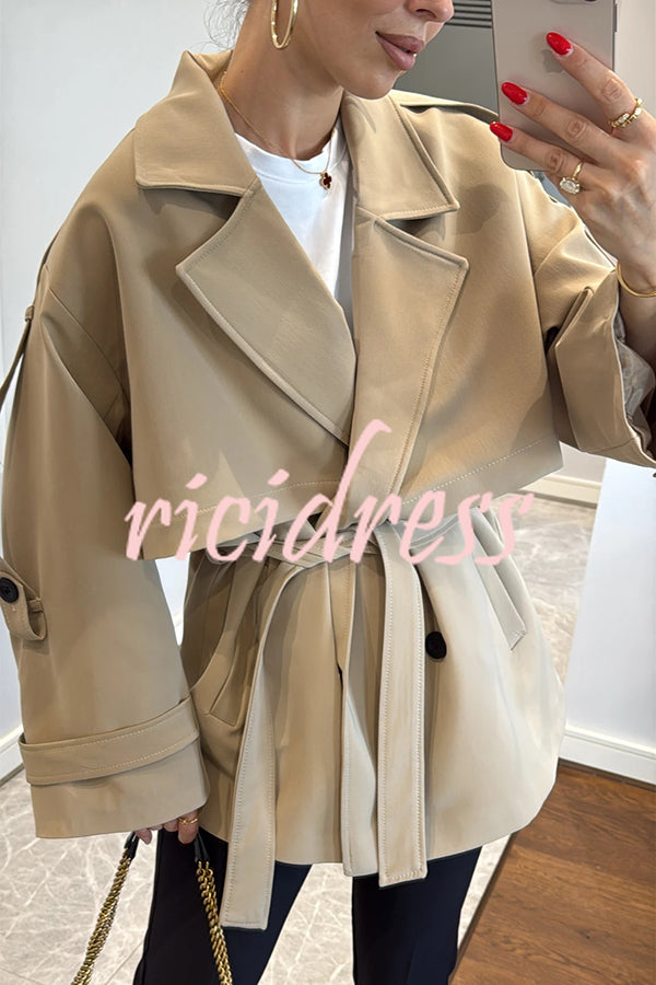 Modern Urban Dropped Shoulder Strap Button Detail Belted Lapel Loose Trench Coat