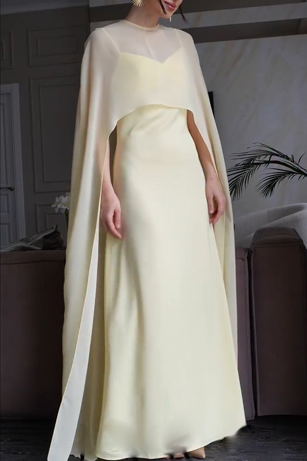 Moonlit Muse Sheer Chiffon High Low Cape Slip Maxi Dress