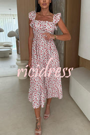 Floral Print Square Neck Pleated Back Midi Dress
