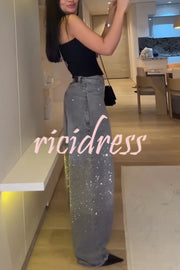 Fashion Star Rhinestone High Rise Casual Pocket Straight Loose Jeans