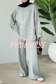 Solid Color Loose Long-sleeved Knit Top and Elastic Waist Casual Straight Leg Pants Set