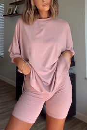 Solid Color Loose Short-sleeved Top and Stretch Casual Shorts Set