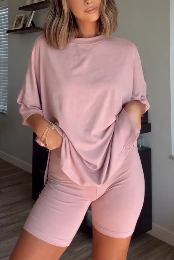 Solid Color Loose Short-sleeved Top and Stretch Casual Shorts Set