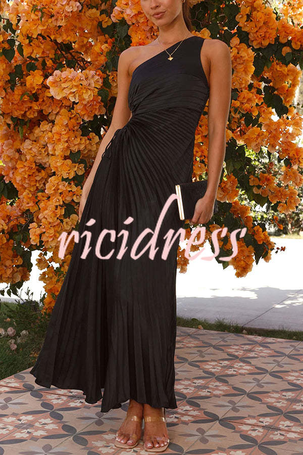 Charming One Shoulder Lace Up Cutout Pleated Maxi Dress