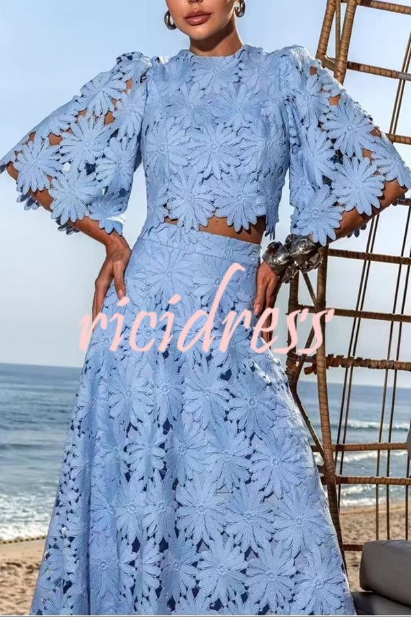 Elegant Embroidered Hollow Flowers Bell Sleeve Top and Full Hem Maxi Skirt Set