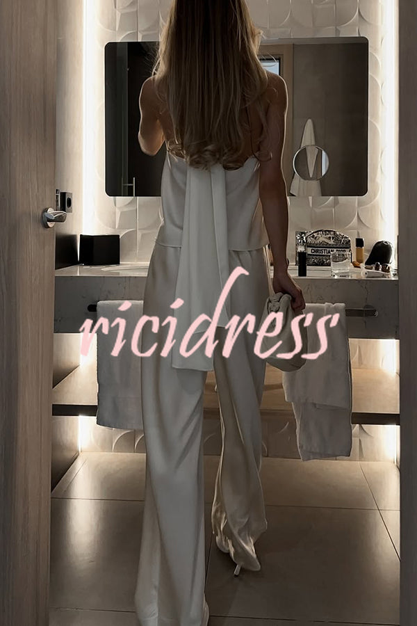 Modern Day Glam Satin Halter Tie-up Tank and Elastic Waist Wide Leg Pants Set